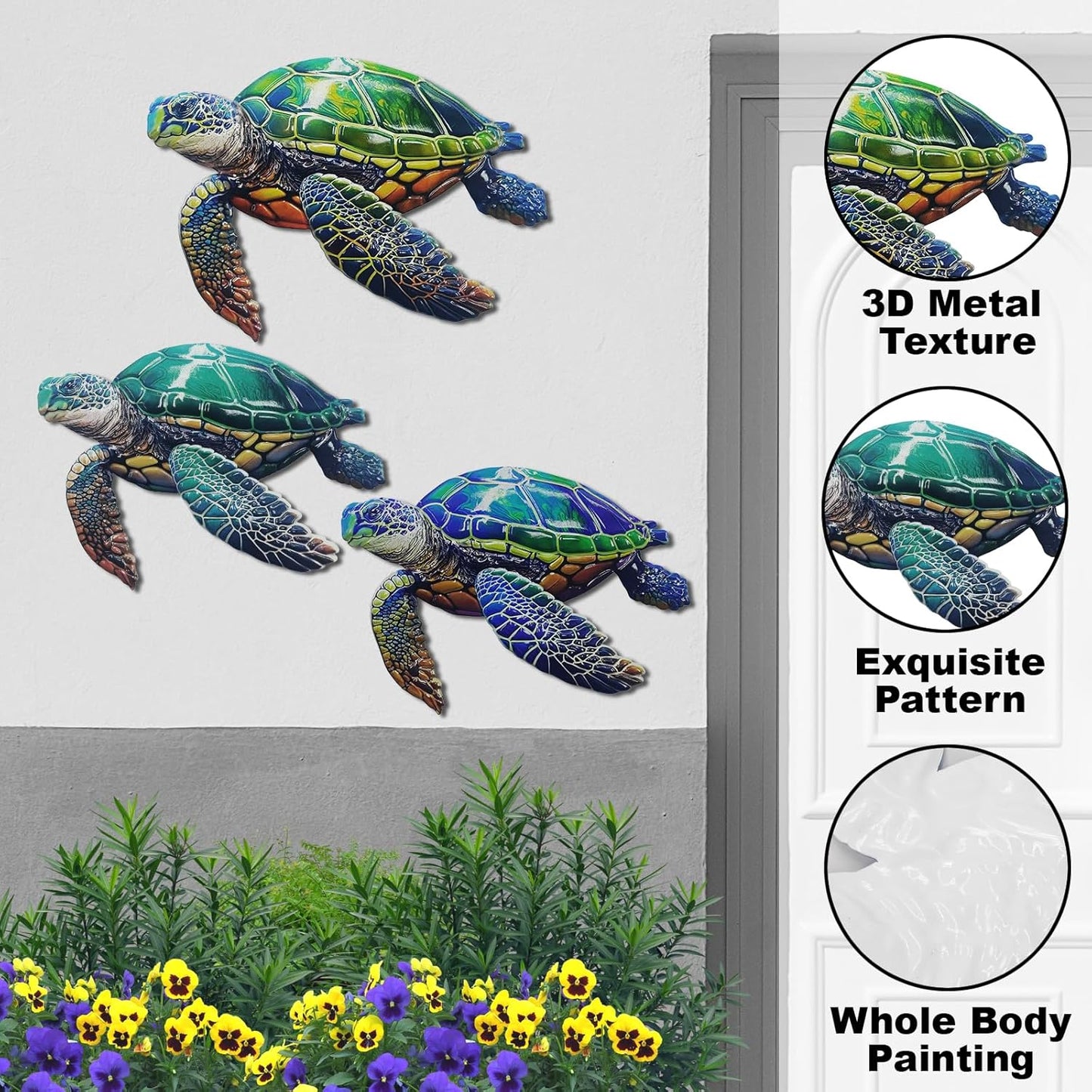 John's Studio 3Pcs Metal Turtle Sea Wall Decor Outdoor Garden Hanging Art Sculptures Home Ocean