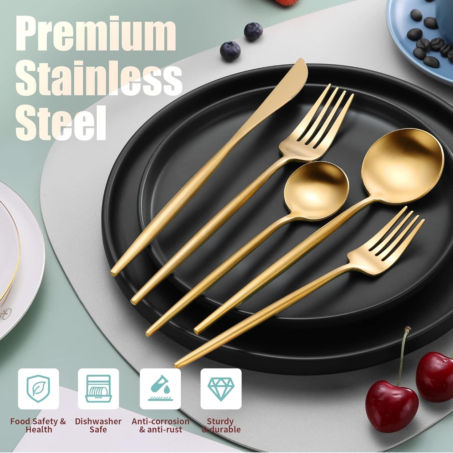 Matte Gold Silverware Set for 6,Modern Stainless Steel Brushed Cutlery Set,30-Pieces Heavy Duty