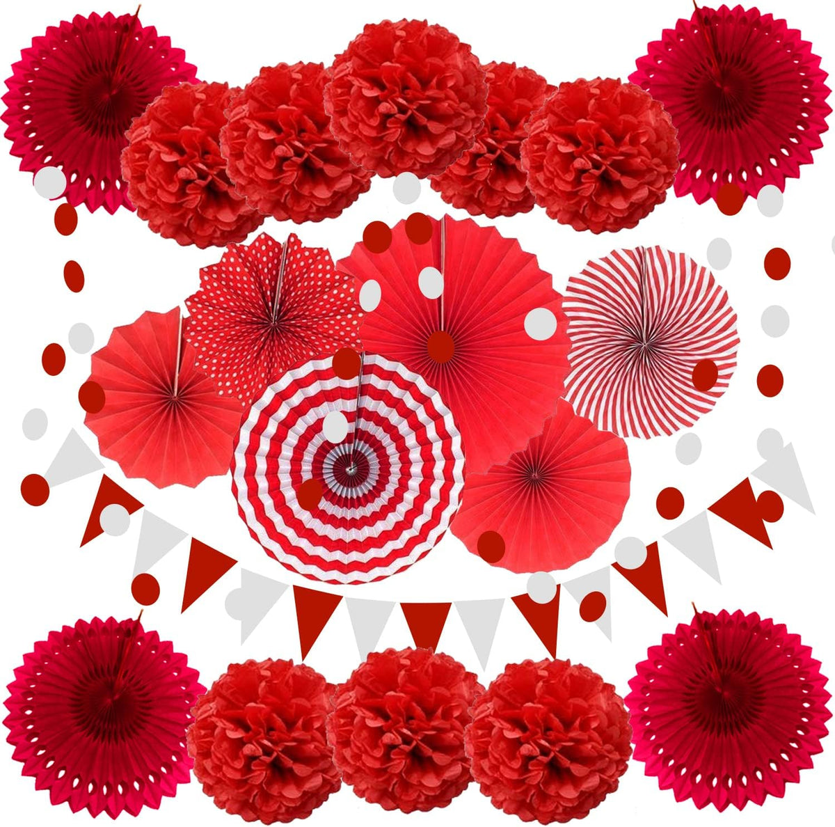ZERODECO Party Decoration, 21 Pcs Red Hanging Paper Fans Pom Poms Flowers, Garlands String and