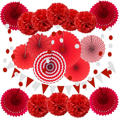 ZERODECO Party Decoration, 21 Pcs Red Hanging Paper Fans Pom Poms Flowers, Garlands String and
