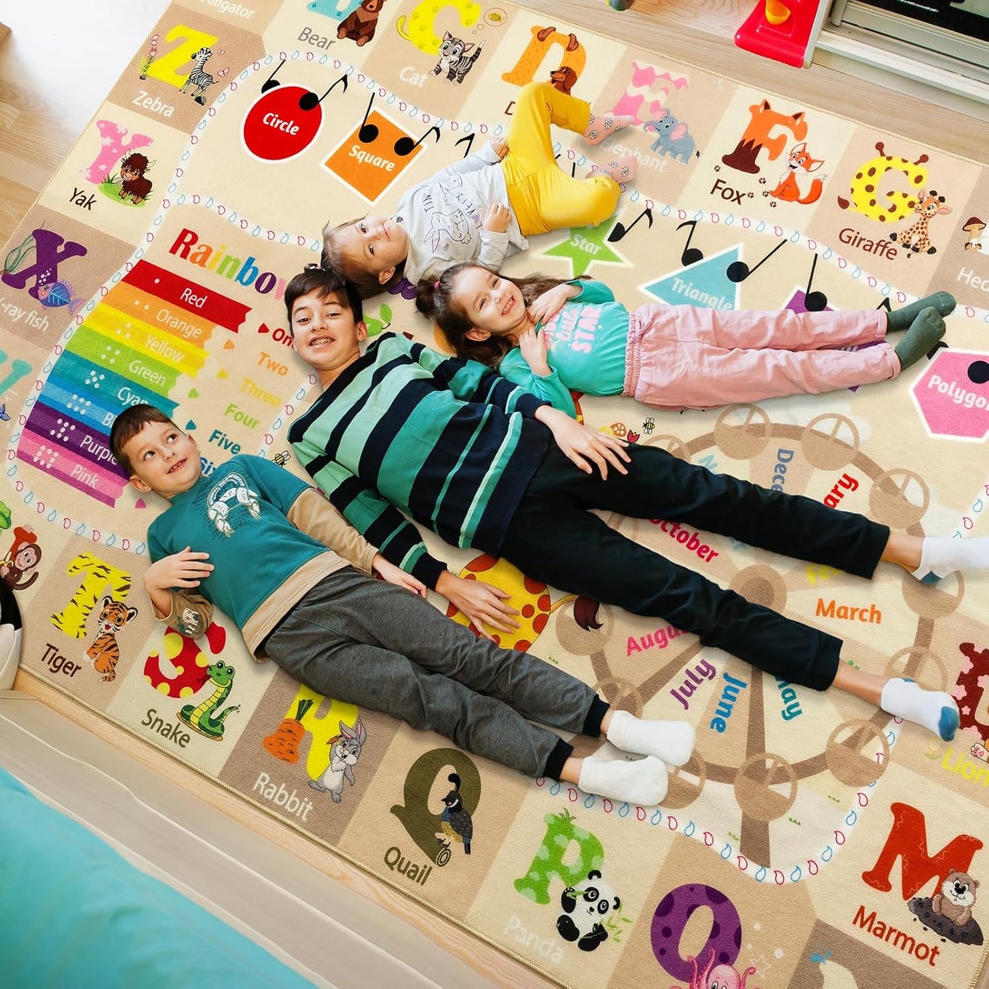7x10 Playroom Rugs for Kids Washable, Educational and Fun Playmat with ABC Alphabet Animals Shapes