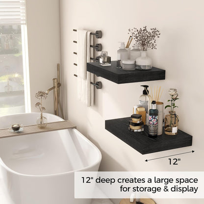 12 Inch Deep Black Floating Shelves, 16 x 12 Floating Shelf for Books, Rustic Wood Deep Wall