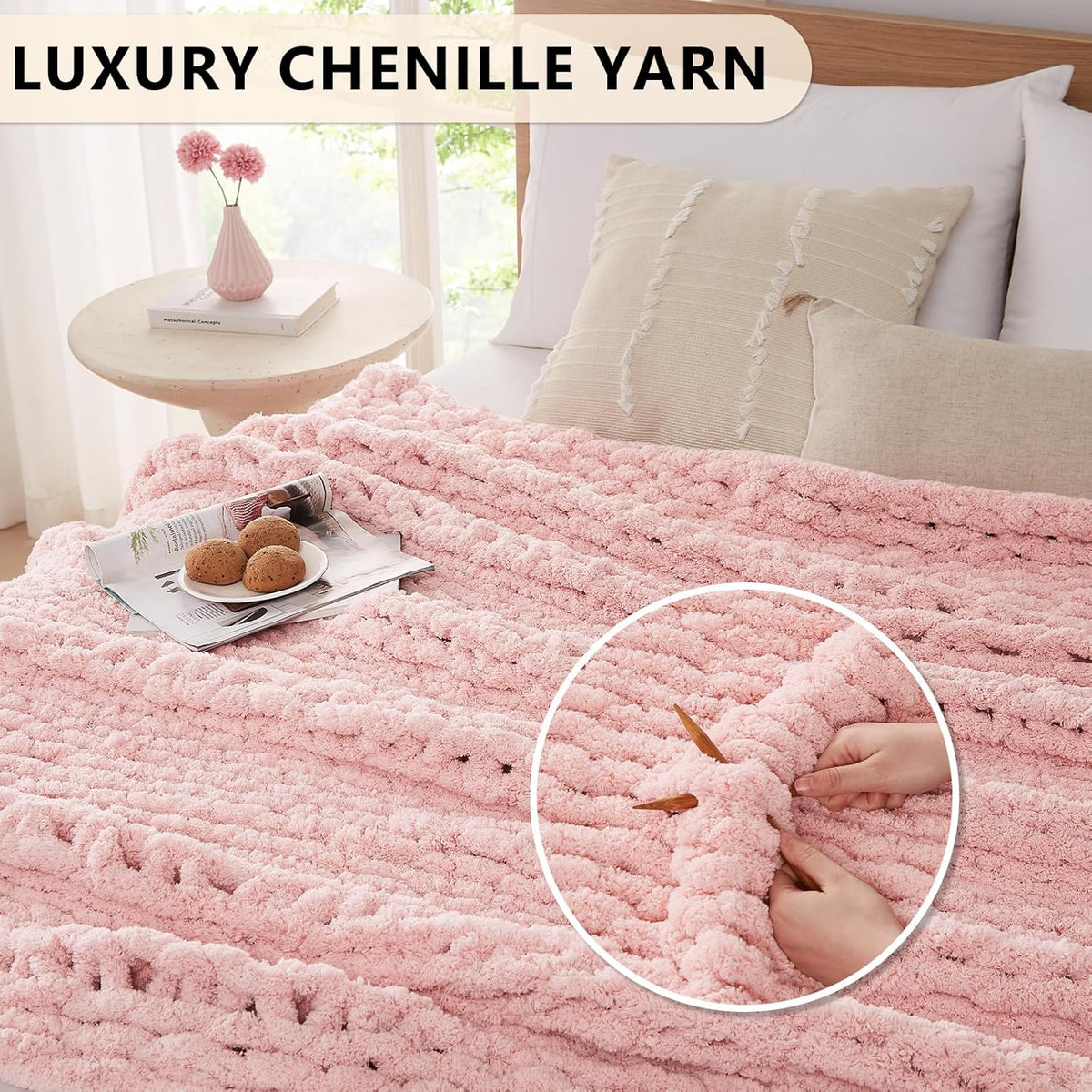 L'AGRATY Chunky Knit Blanket Throw - Soft Chenille Yarn Throw Blanket 60x80: Handmade Thick Cable