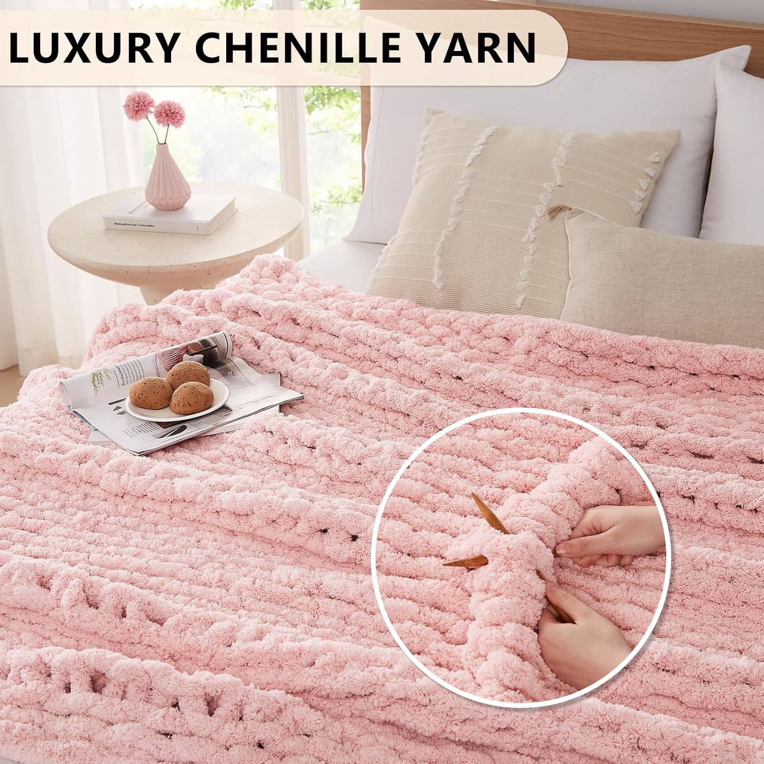 L'AGRATY Chunky Knit Blanket Throw - Soft Chenille Yarn Throw Blanket 60x80: Handmade Thick Cable