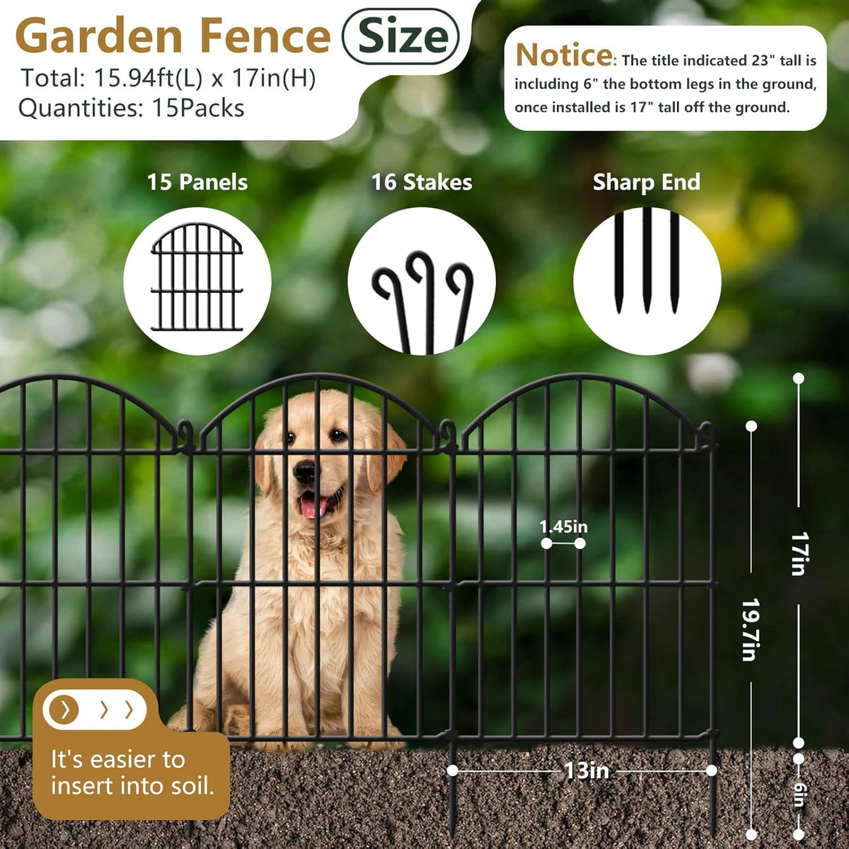 15 Panels Decorative Garden Fence, 15.94ft x 23in Animal Barrier Fencing Arched Rustproof Metal