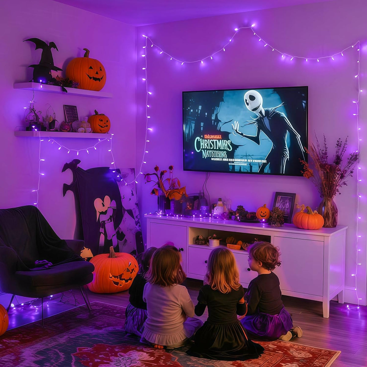 JMEXSUSS Connectable 100 LED Purple Halloween Lights Indoor, 8 Modes Plug in Purple Christmas