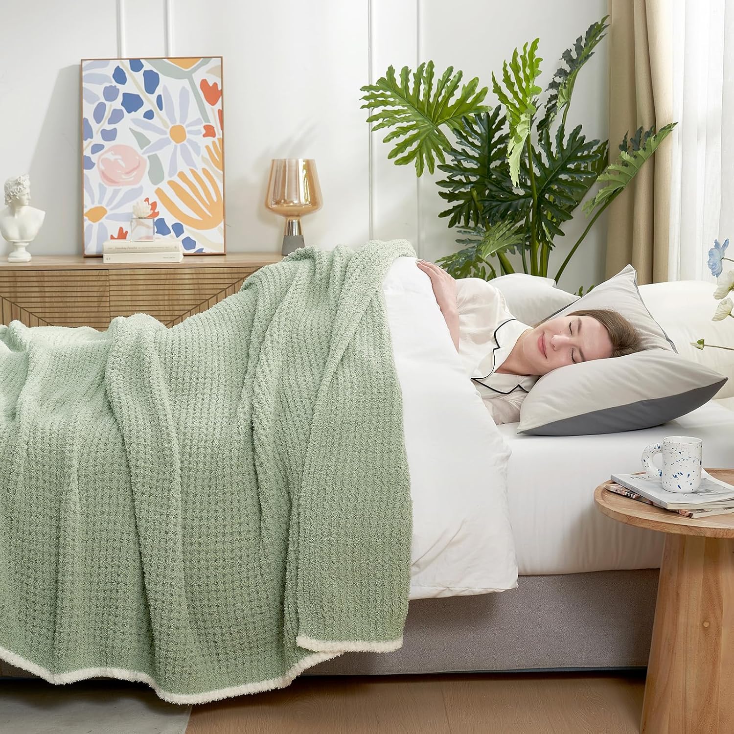 Snuggle Sac Sage Green Waffle Bedding Blankets Queen Size 90x90 inches, Reversible Microfiber