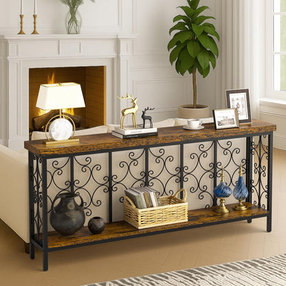 ikkle 70.9" Extra Long Console Table, Industrial Narrow Sofa Table Behind Couch with 2 Tier Storage