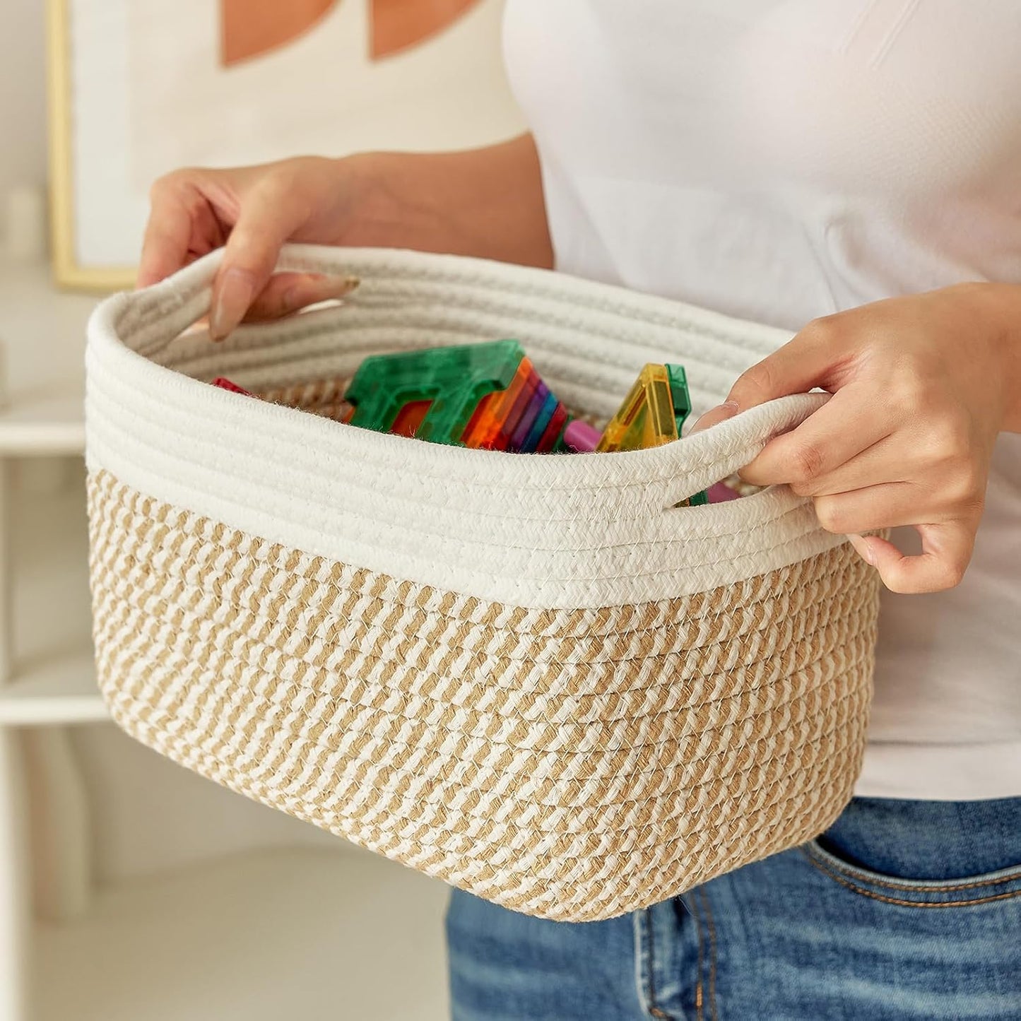 Small Cotton Rope Storage Basket Set of 3-11"x7"x7" Perfect Woven Baskets for Storage, Ideal