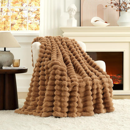 Cozy Bliss Faux Fur Throw Blanket for Couch, Cozy Warm Plush Striped Blanket for Sofa Bedroom