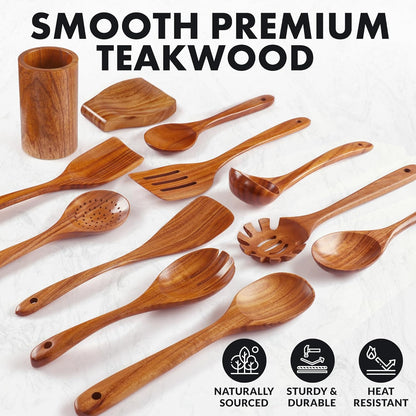 Zulay Kitchen 12-Piece Teak Wooden Utensils for Cooking - Natural Teak Utensil Set with Premium
