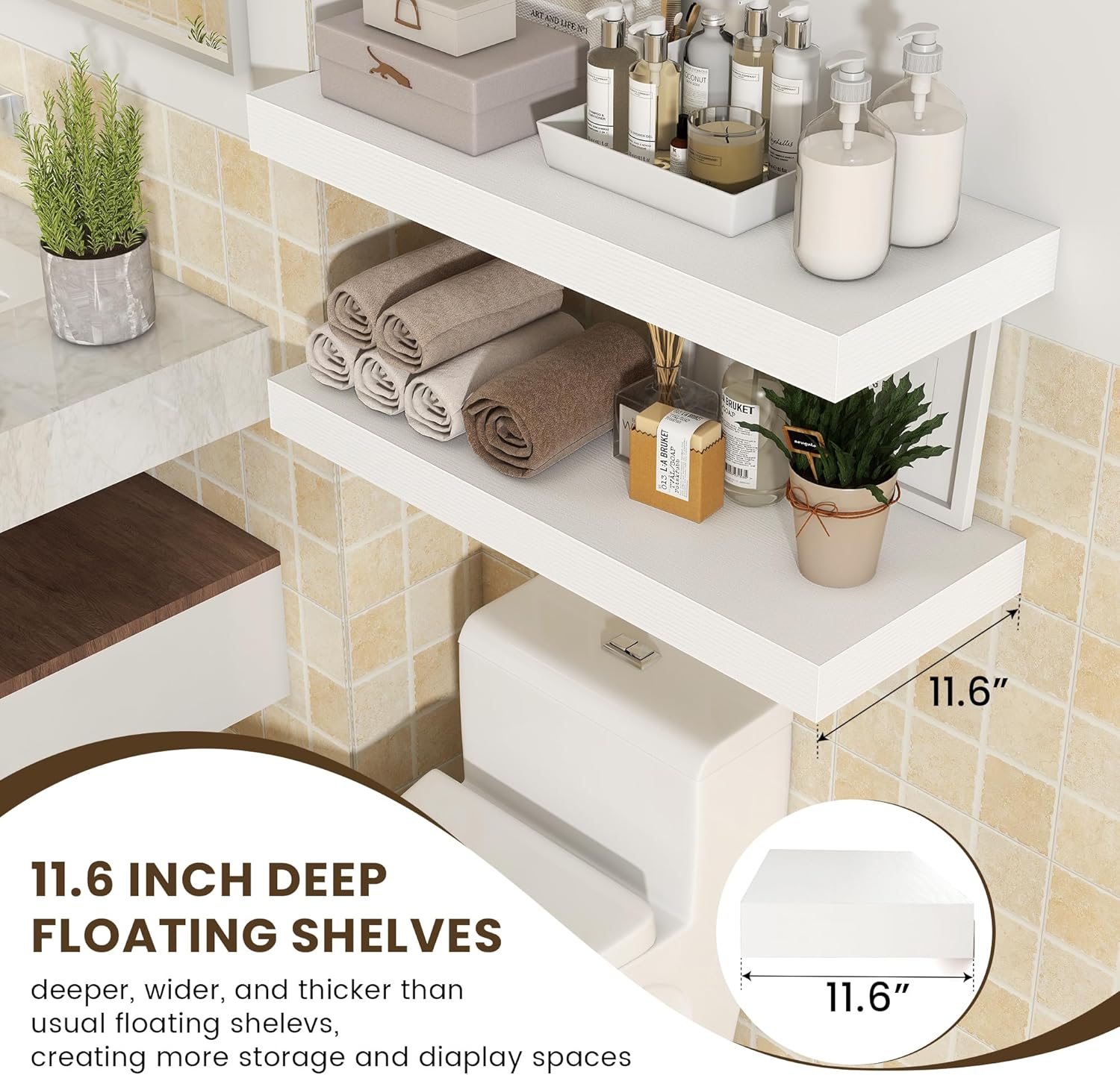 Deep Floating Shelves | 30 Inch Floating Shelves for Wall Set of 2 | 12 Inch Deep White Shelves for