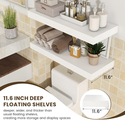Deep Floating Shelves | 30 Inch Floating Shelves for Wall Set of 2 | 12 Inch Deep White Shelves for
