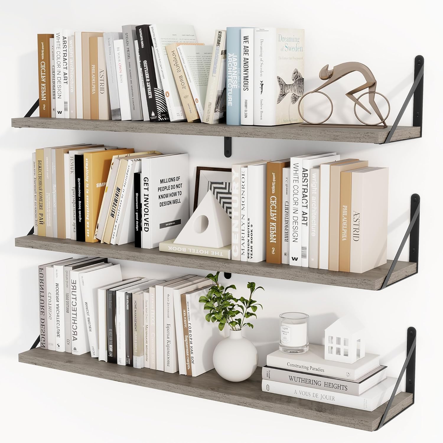 Heimlove 36 Inch Floating Bookshelves Set of 3,Wall Bookshelf Heavy Duty Wall Mounted Bookshelves