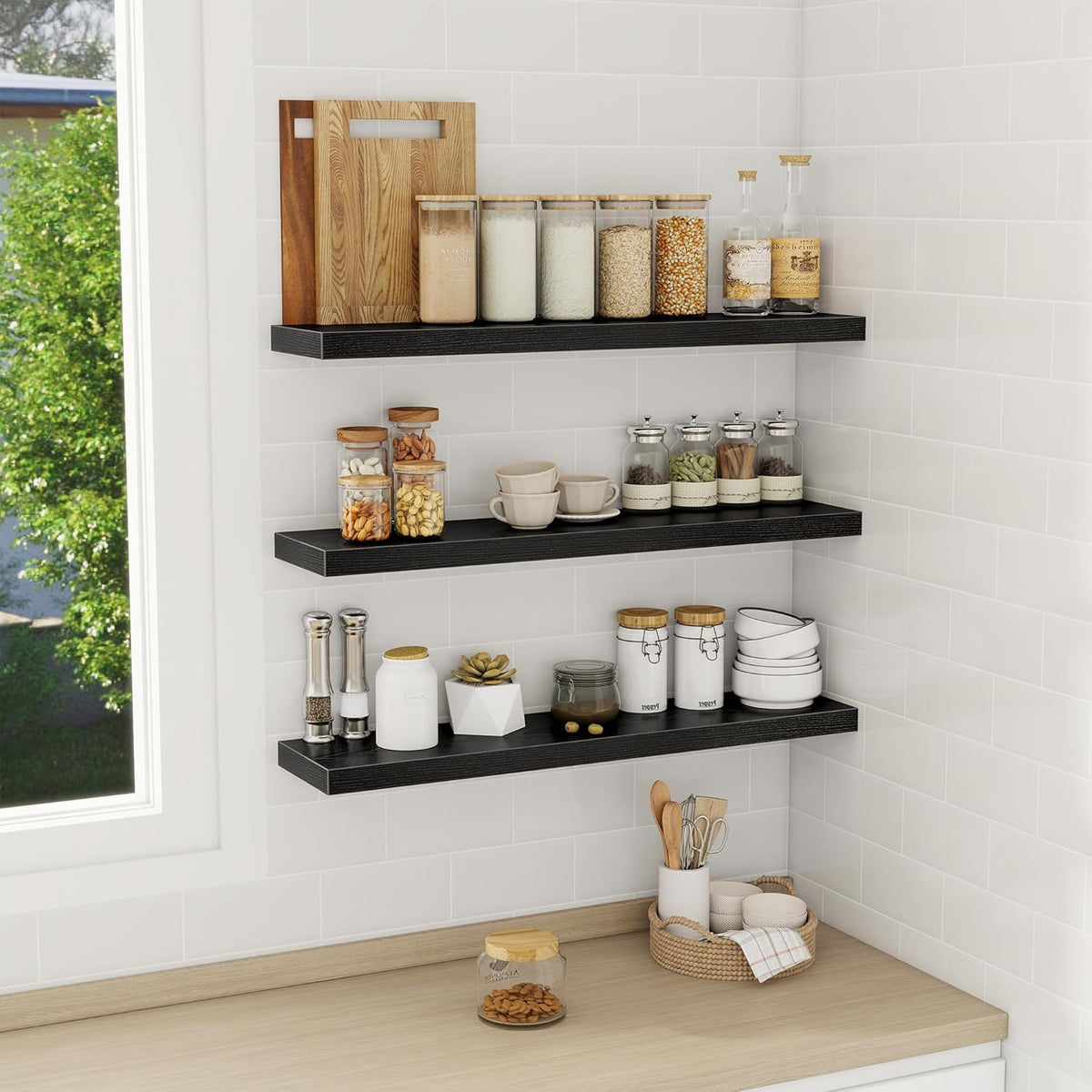 Fun Memories 32 Inch Floating Shelves Wall Shelf Set of 3, Black Bathroom Shelves 32 Inch