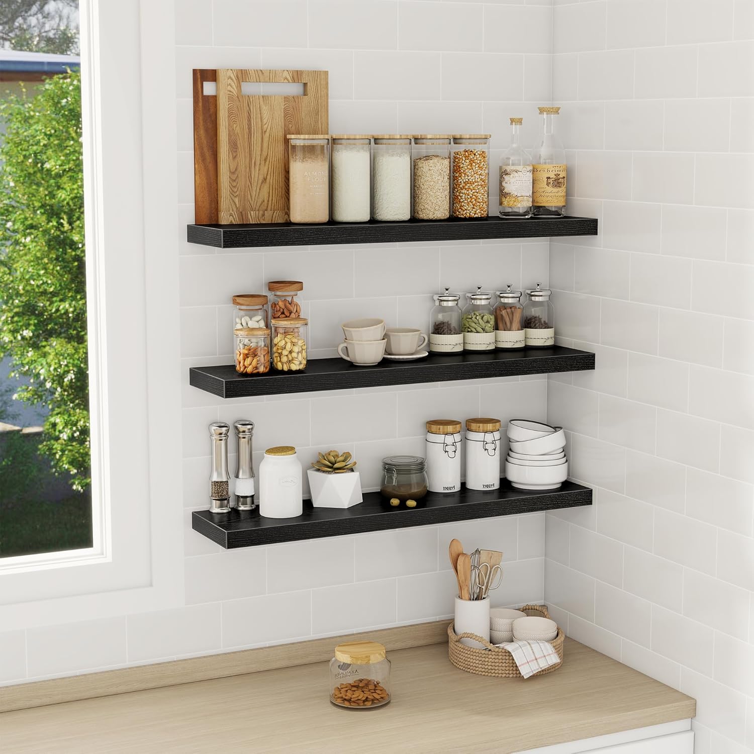 Fun Memories 32 Inch Floating Shelves Wall Shelf Set of 3, Black Bathroom Shelves 32 Inch