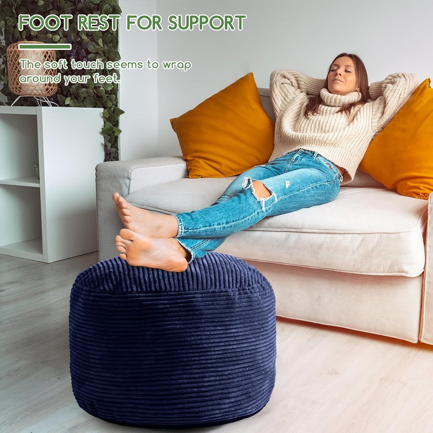 HIGOGOGO Round Stuffed Pouf Ottoman, Corduroy Poufs with Foam Chunk Filling, Furry and Fluffy Pouf