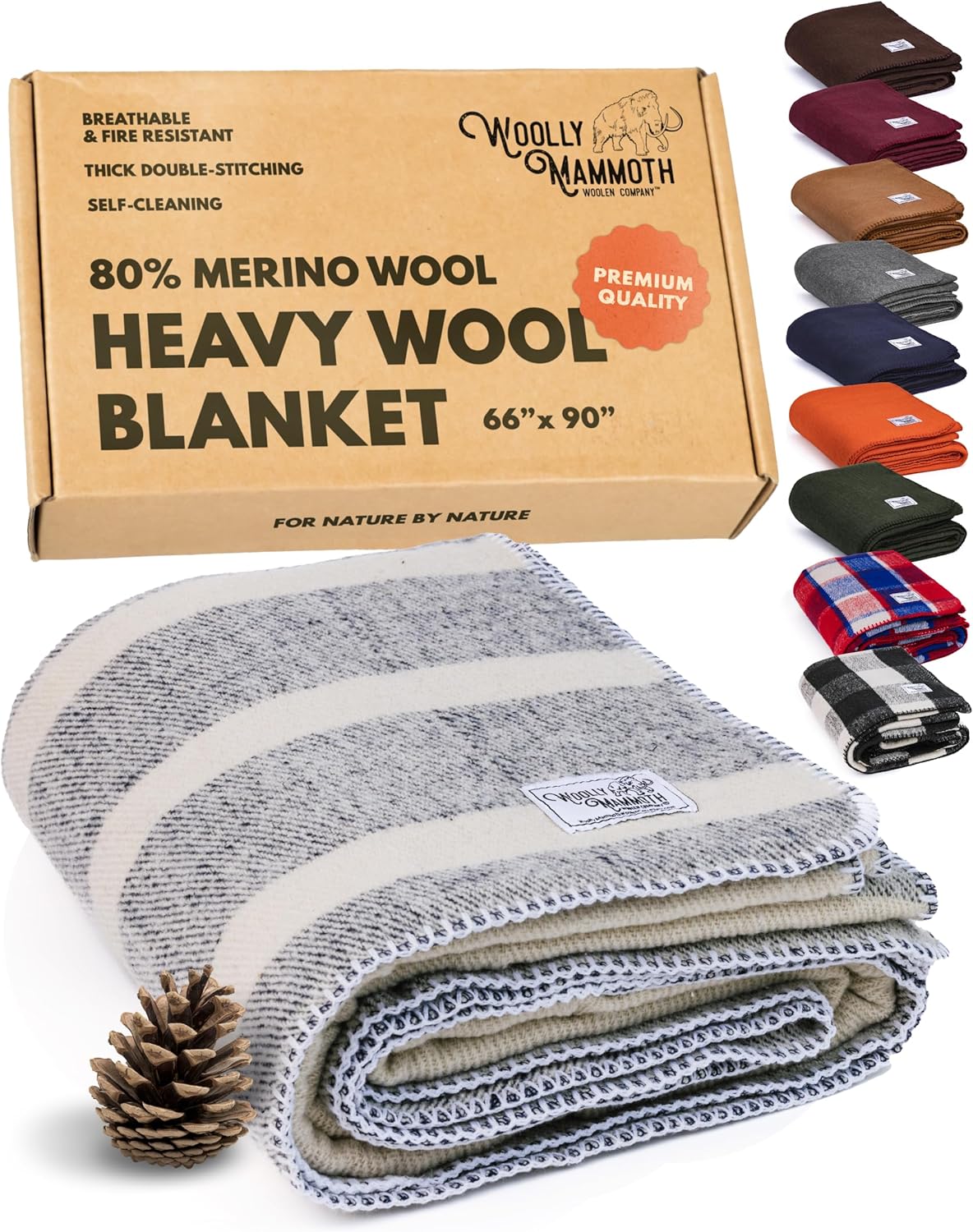 Woolly Mammoth Woolen Company Merino Wool Camping Blanket - 66 x 90 in Navy & Cream Stripe Twin
