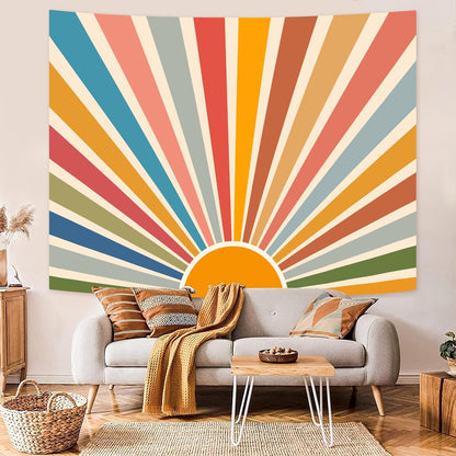 Kanuyee Boho Burning Sun Tapestry Wall Hanging, Retro 70s Abstract Vintage Geometric Rainbow