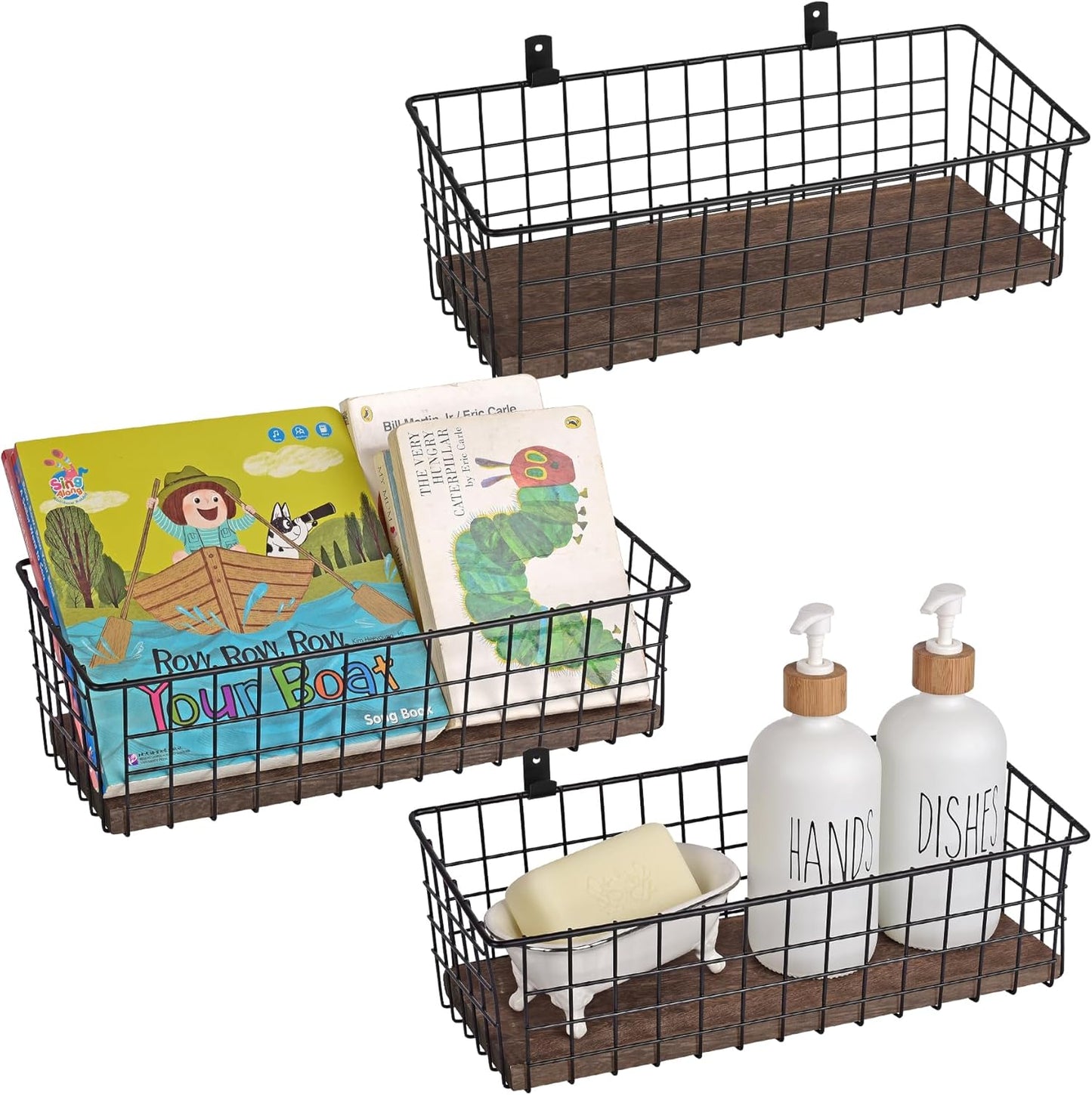 Wall Hanging Baskets 3 Pack, Extra Large Diversified Wire Basket Shelves of Wooden Style, with Wall