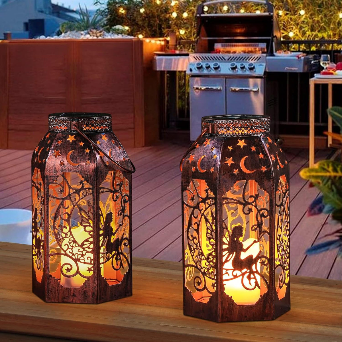 Solar Lanterns Outdoor Garden Hanging Lantern Waterproof LED Metal Bronze Moon Fairy Lantern