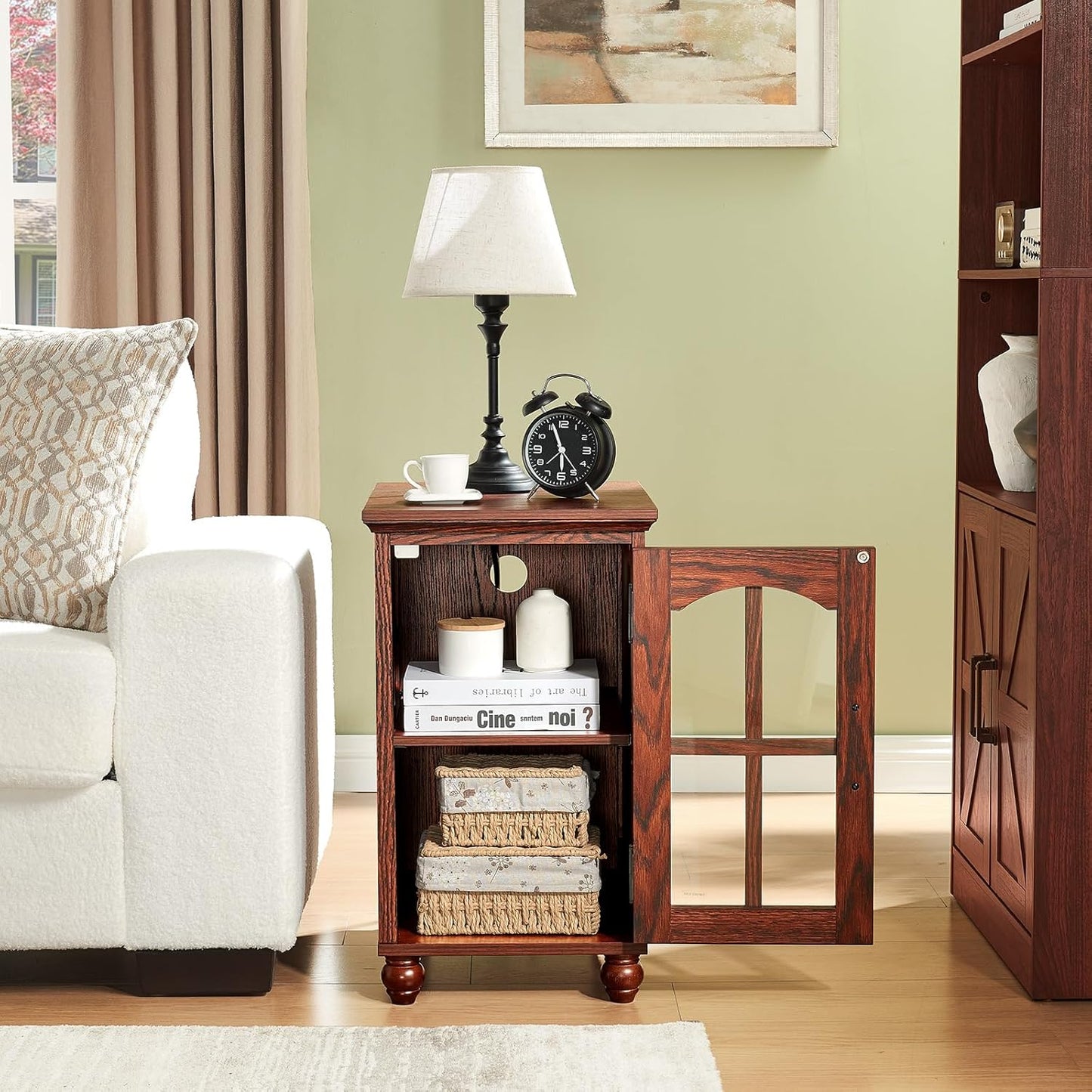 Narrow Side Table,Farmhouse Nightstand with Charging Station,Wood End Table with Glass Barn Door