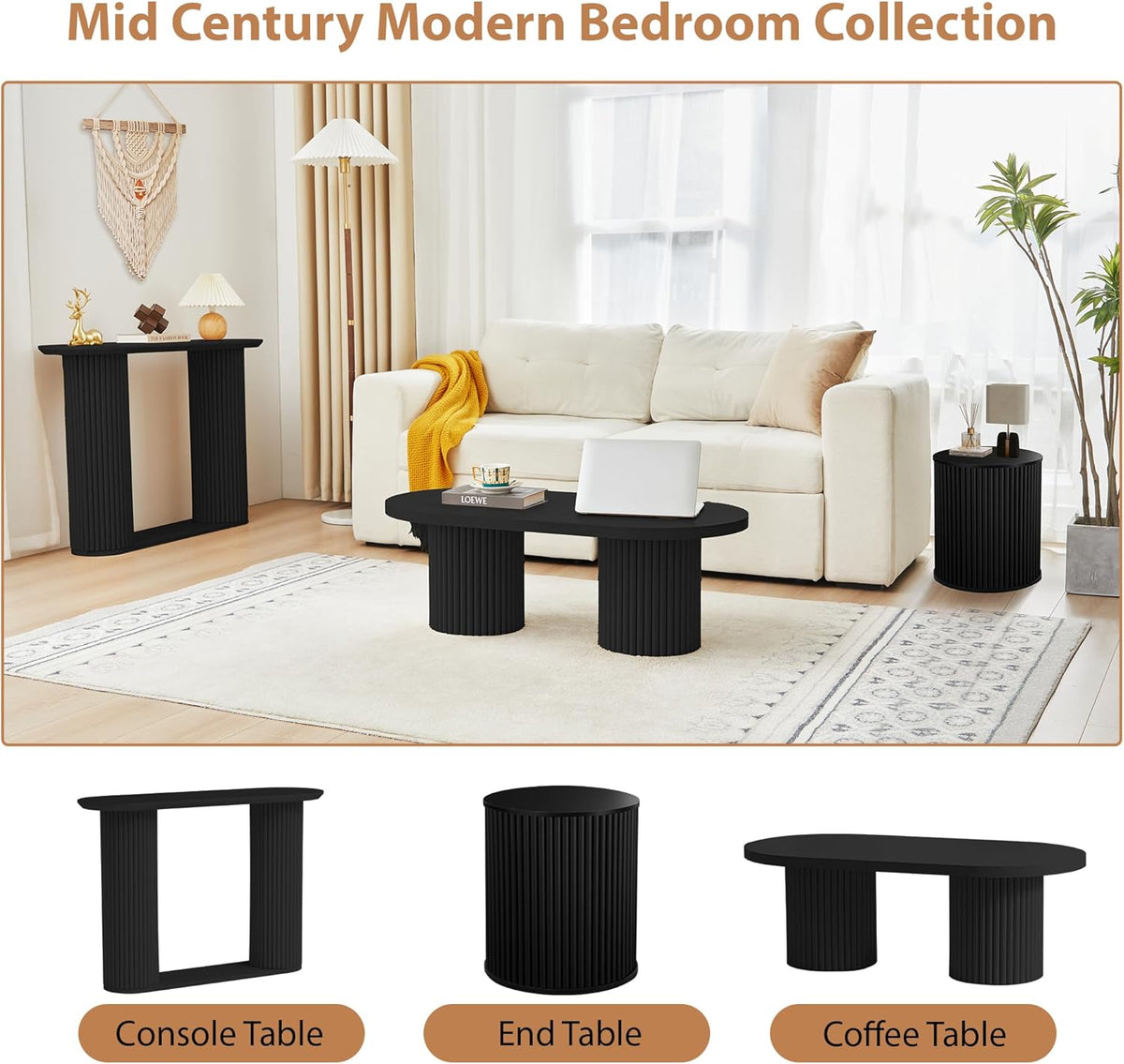AVZEAR Small Round Side Table Fluted Night Stand Set of 2, Mid Century Modern End Table with