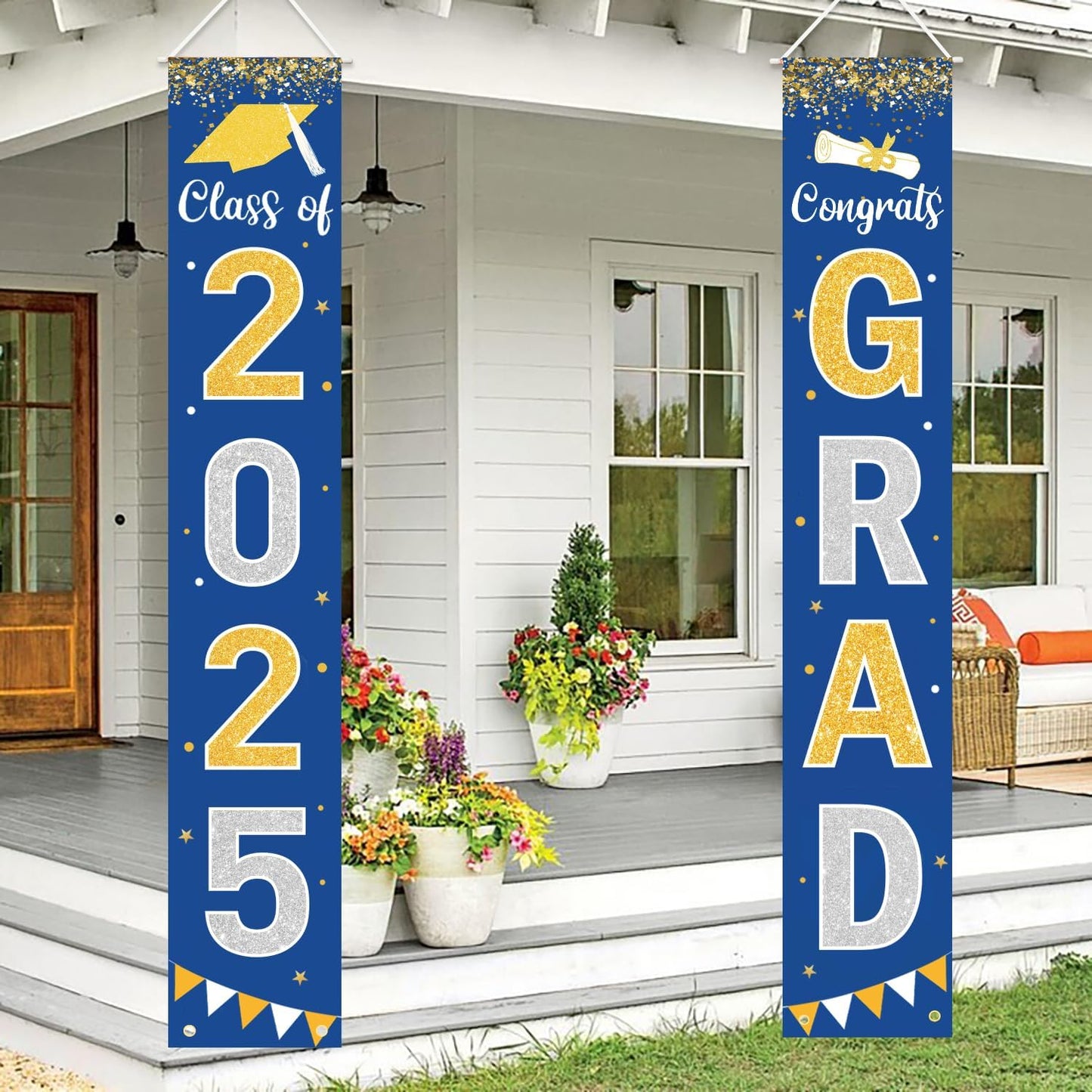 Graduation Decorations 2025 GRAD Banner Blue Porch Door Sign Welcome Banner For Indoor Outdoor Wall