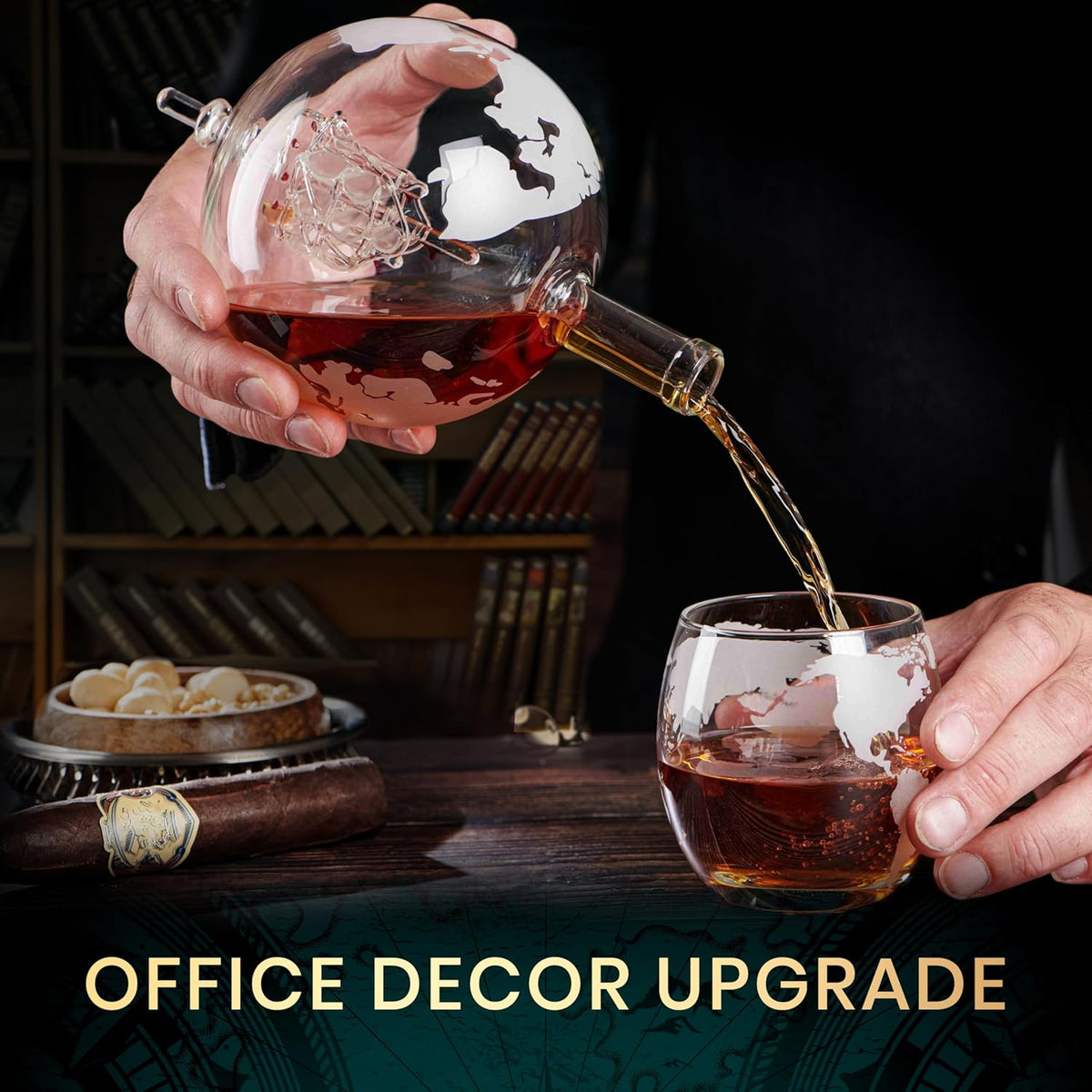 Globe Whiskey Decanter Gift Set by Royal Reserve | Etched World Map Globe Decanter 29 oz 850 ml