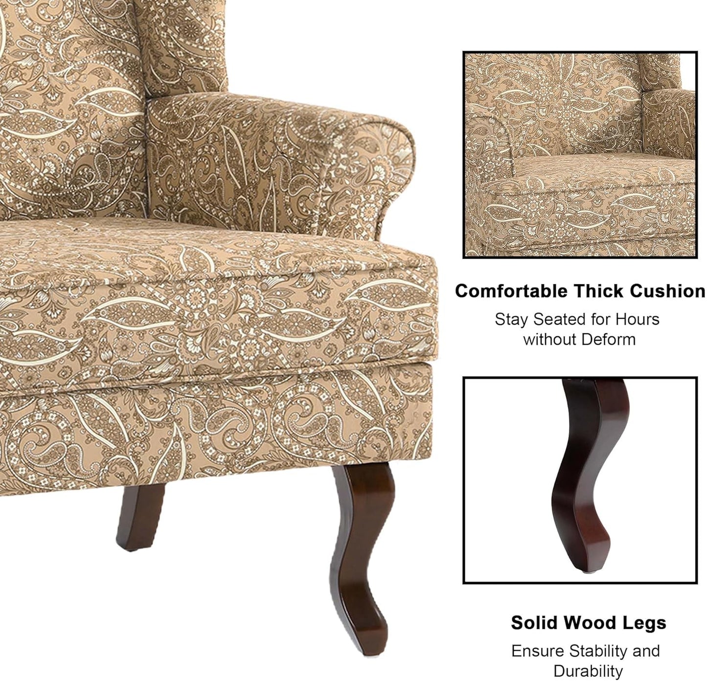 Accent Chair, High Back Upholstered Armchair with High Resilience Sponge & Wood Legs, Mid-Century