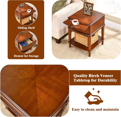 Set of 2 Solid Wood Square End Table with Drawer, 2 Tier Wooden Sofa Side Table with Sliding Shelf