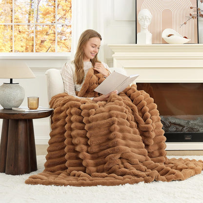 Cozy Bliss Faux Fur Throw Blanket for Couch, Cozy Warm Plush Striped Blanket for Sofa Bedroom