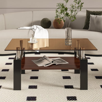 39" Brown Glass Coffee Table Walnut Modern Living Room Center Table Rectangle, with Wooden MDF