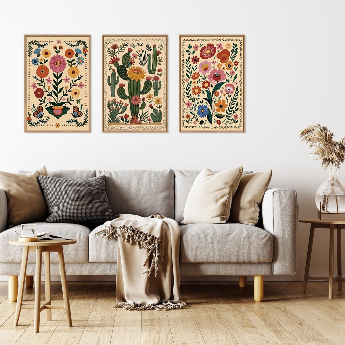 HLNIUC Vintage Flower Framed Canvas Wall Art,Colorful Desert Cactus Flower Wall Decor Set of