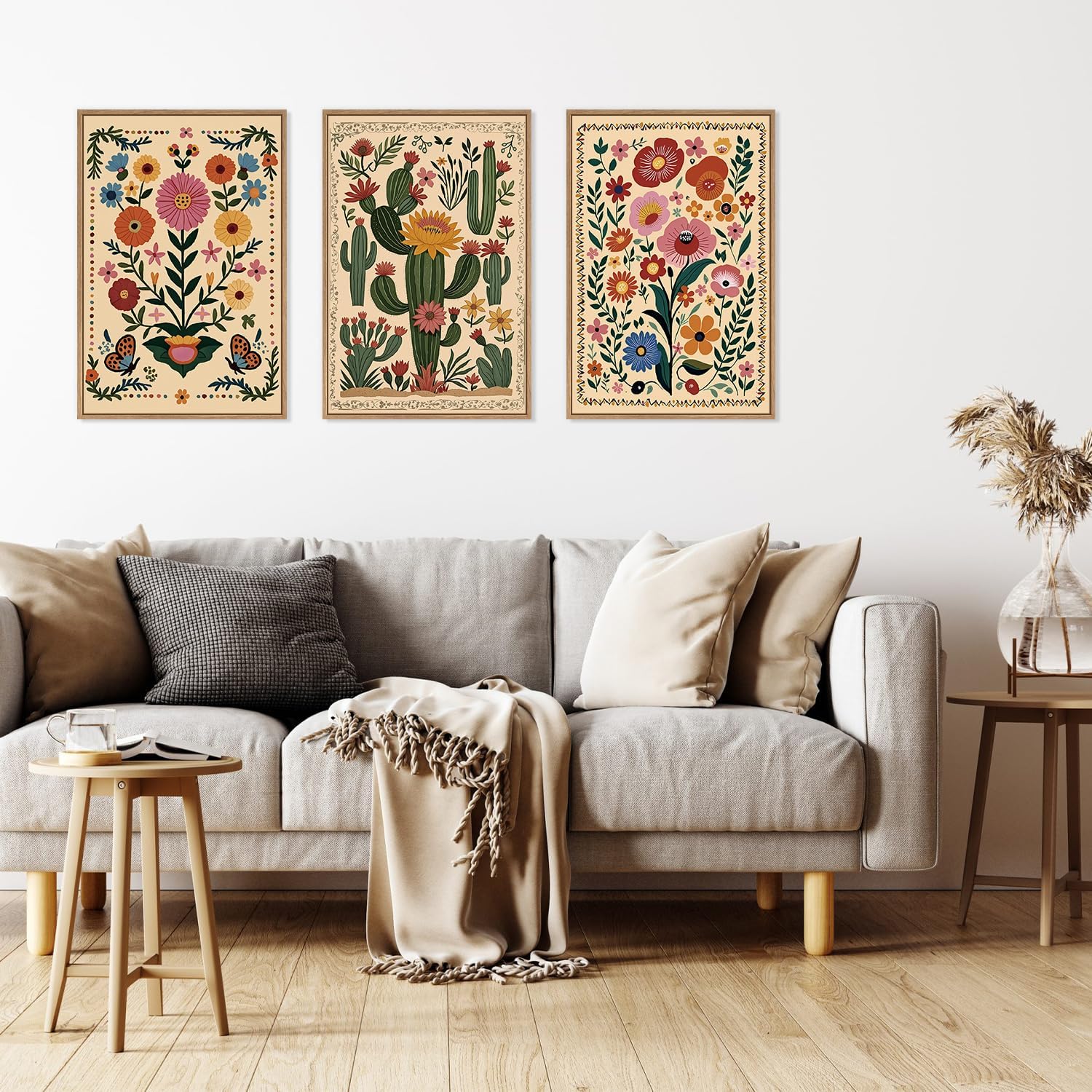 HLNIUC Vintage Flower Framed Canvas Wall Art,Colorful Desert Cactus Flower Wall Decor Set of