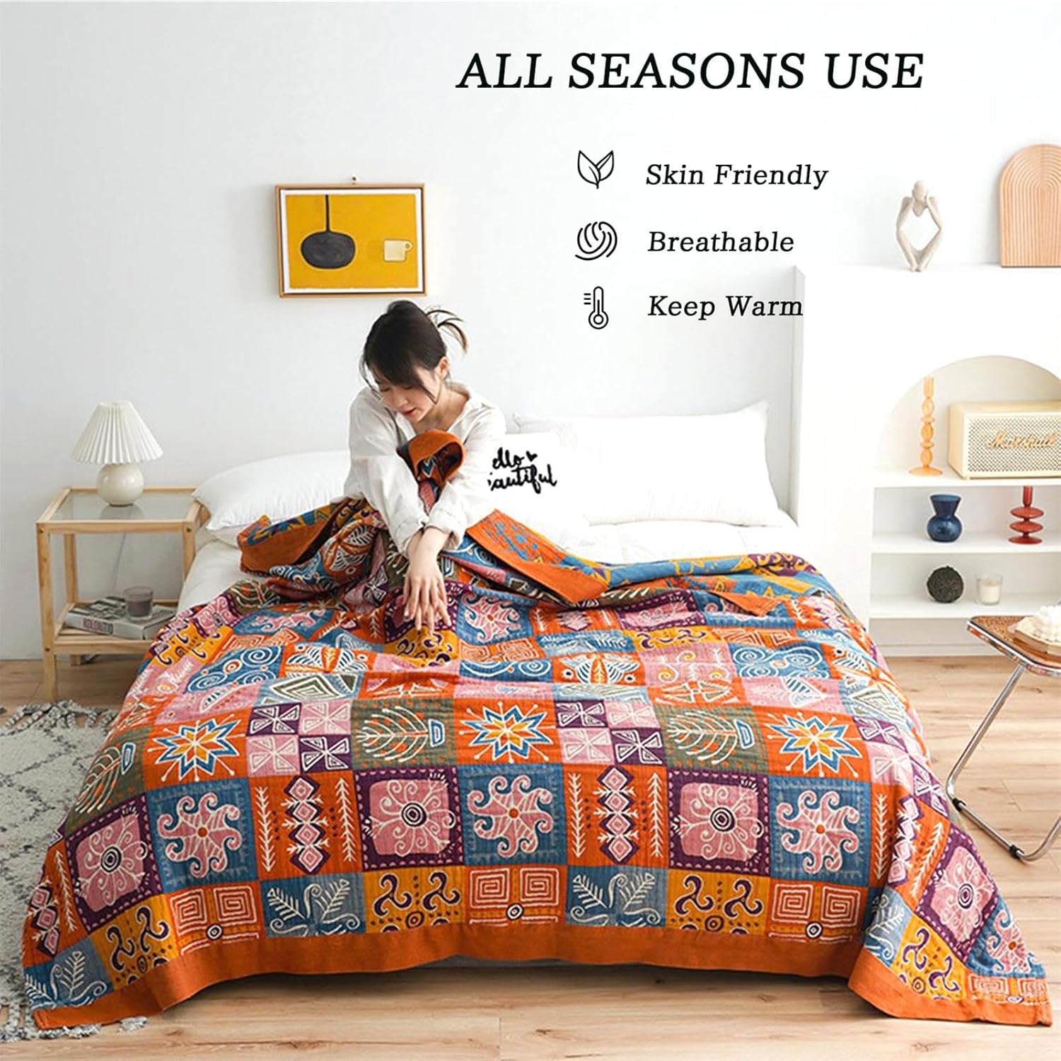 Christmas Cotton Throw Blanket for Couch Bed 60''x80'',Cotton Quilt Boho Throw Blanket Muslin Bed
