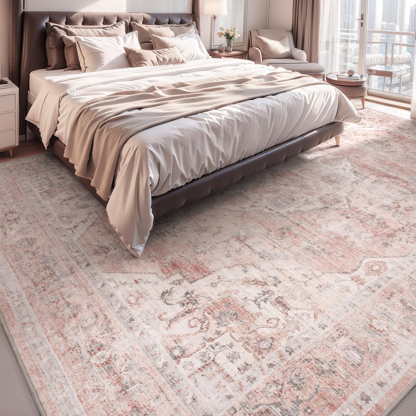 AMOAMI-Area Rug 8X10 Rugs for Living Room-Vintage Soft Pink Rugs for Bedroom-Non Slip