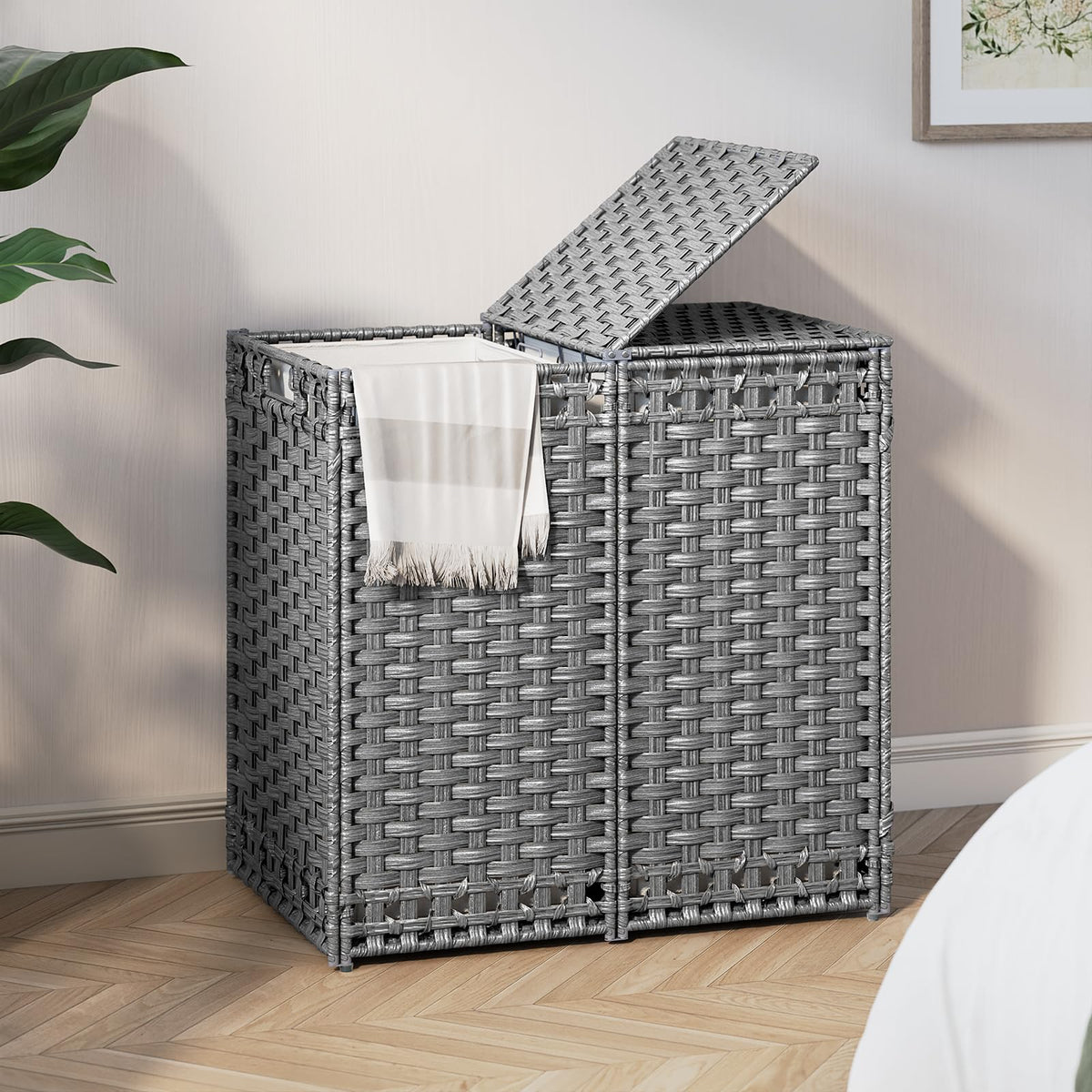 170L Foldable Laundry Hamper with Lid - Handwoven Rattan Storage Basket, 2-Section Clothes Hamper
