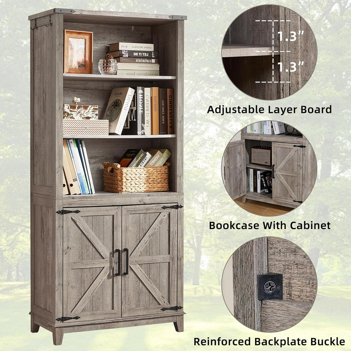 70in Tall Bookshelf 5 Tier Bookcase with Barn Doors and Adjustable Shelves, Grey Farmhouse Book