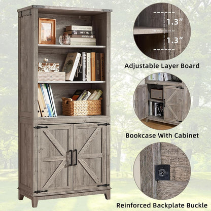 70in Tall Bookshelf 5 Tier Bookcase with Barn Doors and Adjustable Shelves, Grey Farmhouse Book