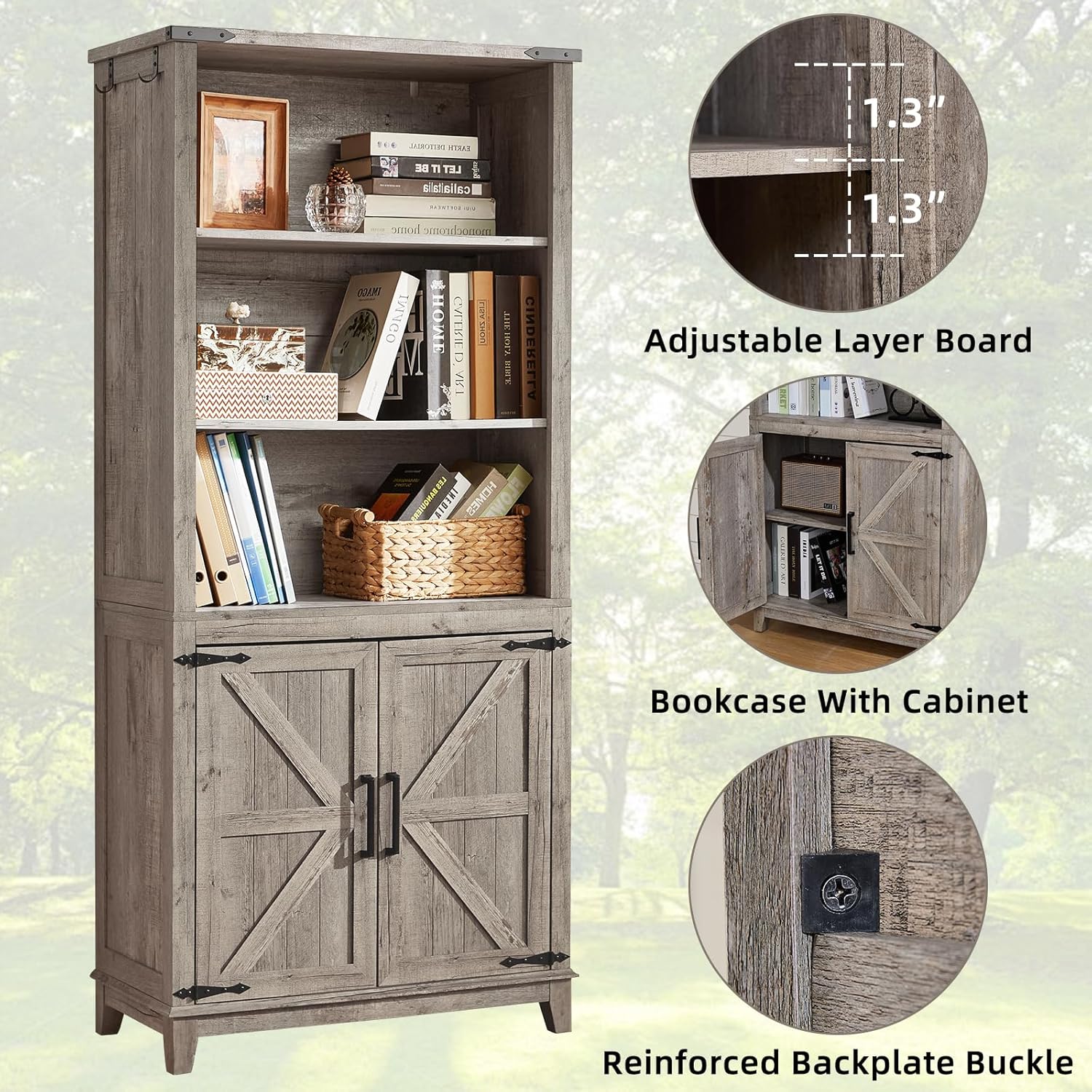 5 Tier Bookshelf 70in Tall Bookcase with Barn Doors and Storage Cabinet, Grey Farmhouse Book Shelf