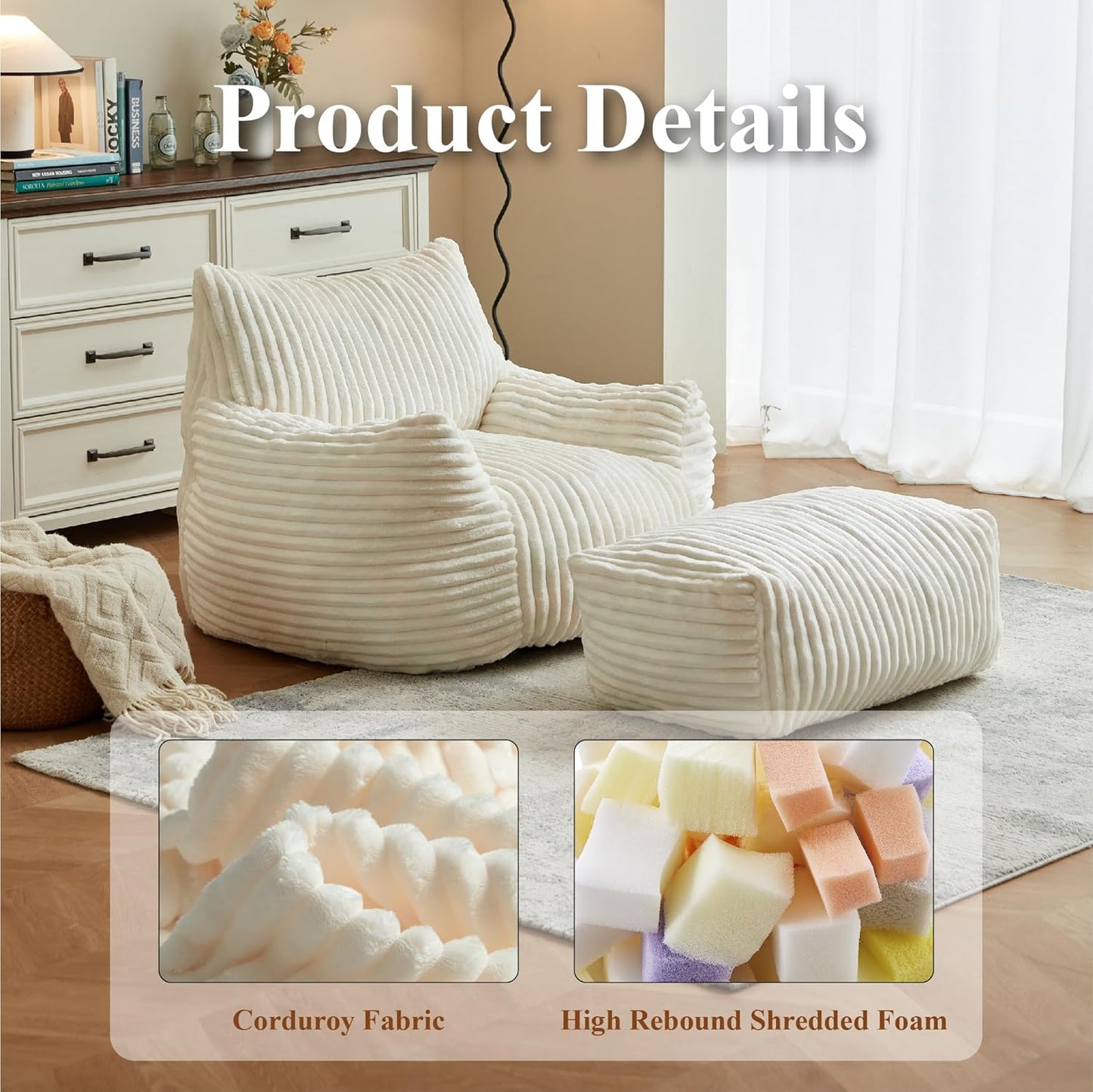 Premium Beige Bean Bag Chair for Adults with Armrest- Ultra Plush Memory Foam Lounge Sofa & Comfy