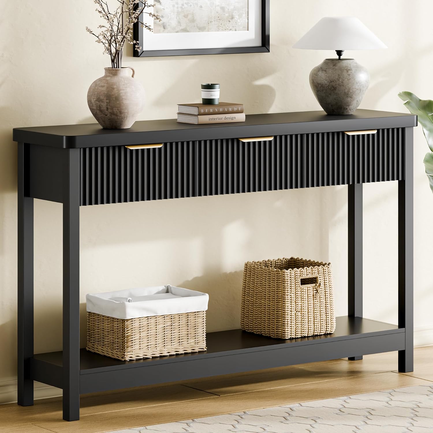 Lulive 51" Fluted Console Table for Entryway, Entryway Table with 3 Wooden Drawers, Farmhouse
