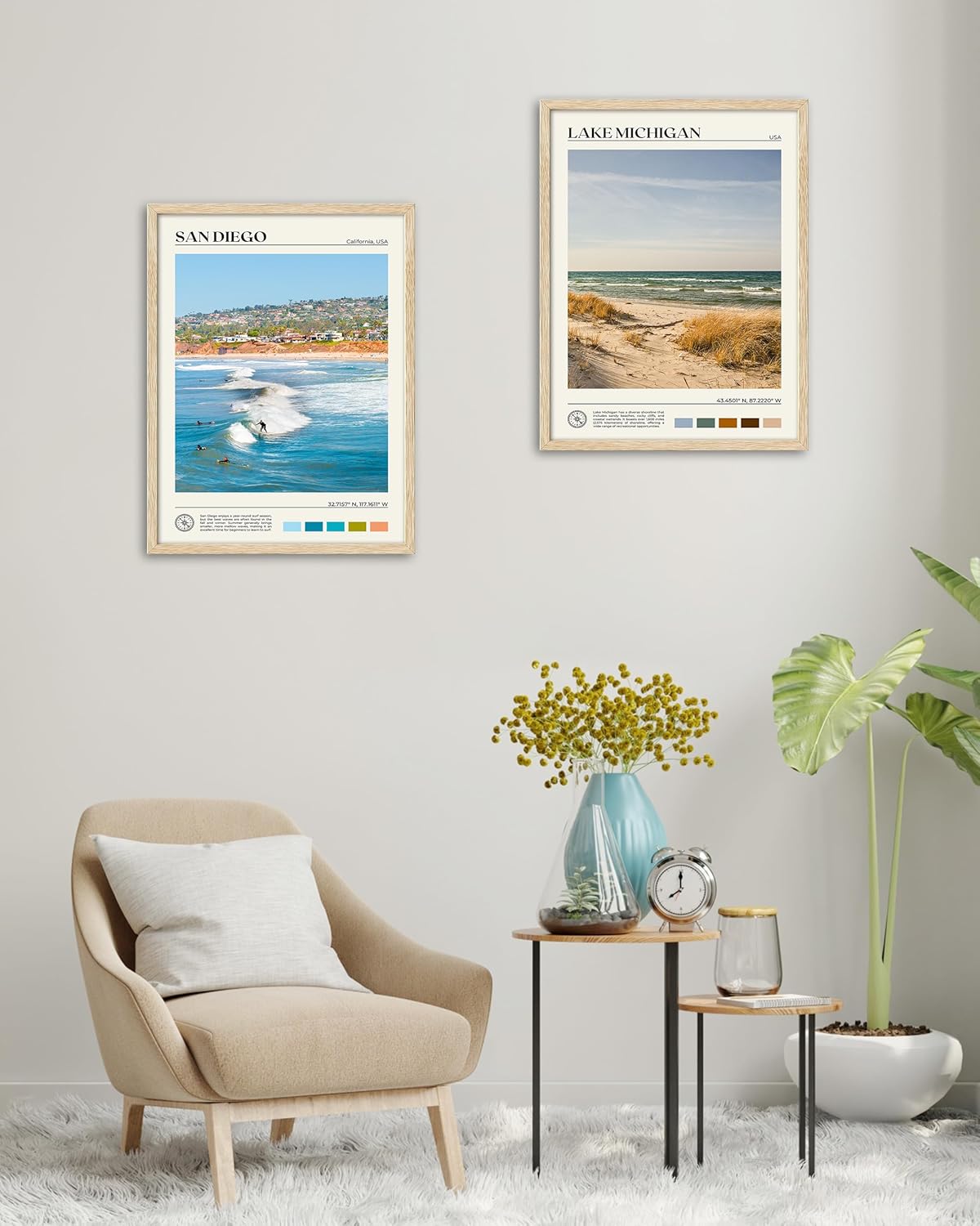 HesenDot Natural OAK Wood San Diego Surfing Framed Wall Art,12x16in Natural Seascape Canvas Wall
