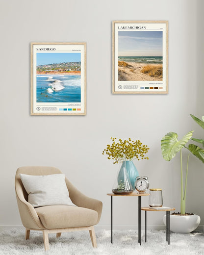 HesenDot Natural OAK Wood San Diego Surfing Framed Wall Art,12x16in Natural Seascape Canvas Wall