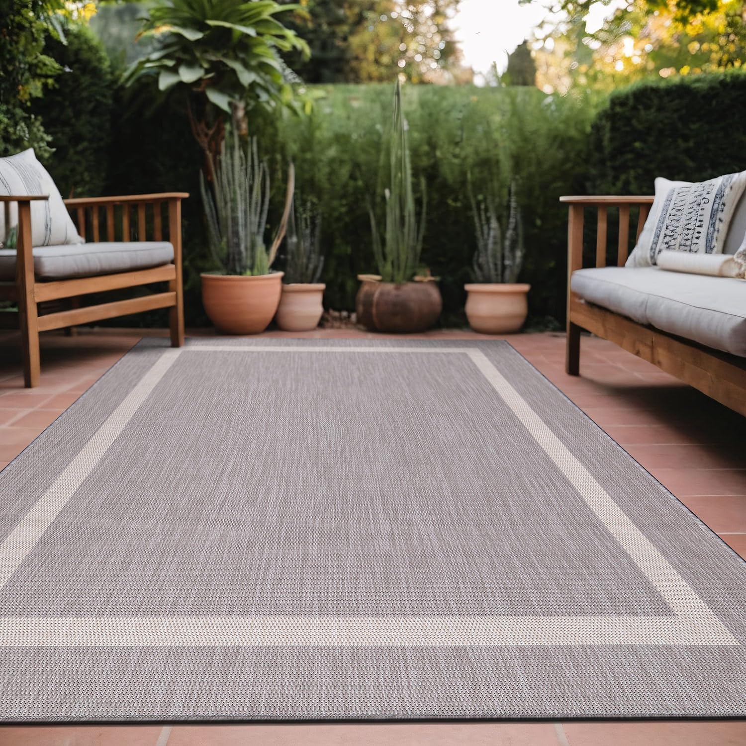 Bordered Outdoor Rug 8x10 Washable Outside Carpet for Indoor Patio Porch Waterproof Easy Cleaning