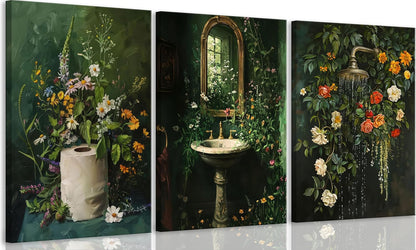 3Pcs Framed Vintage Dark Green Bathroom Wall Art Shower Toilet Paper Roll Floral Poster Print