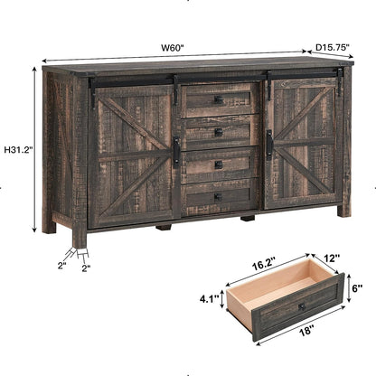 T4TREAM 60'' Farmhouse Dresser Chests for Bedroom w/4 Drawers & Sliding Barn Doors, Wide Dresser TV