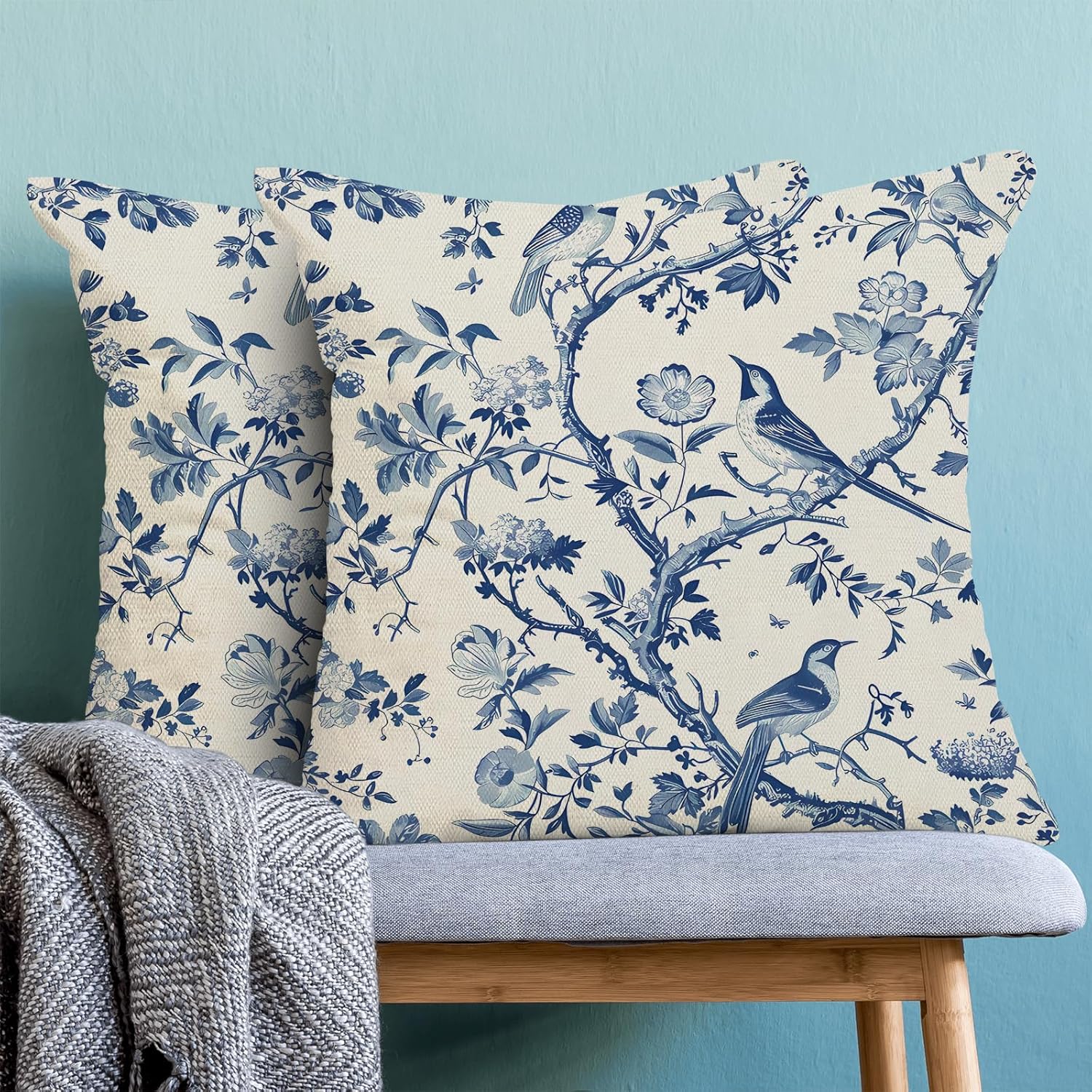 CXMEIFLY Spring Floral Pillow Covers 18 x 18 Inch Set of 2 for Navy Blue Chinoiserie Flowers Bird