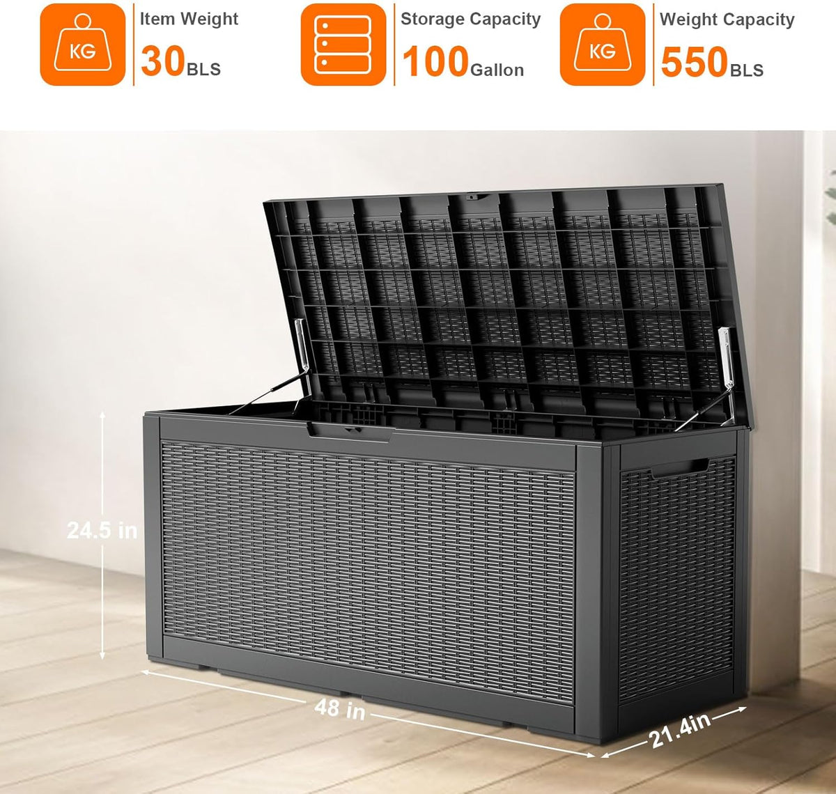 100 Gallon Resin Deck Box, Lockable Patio Outdoor Storage Box for Furniture, Garden Tools and Tools